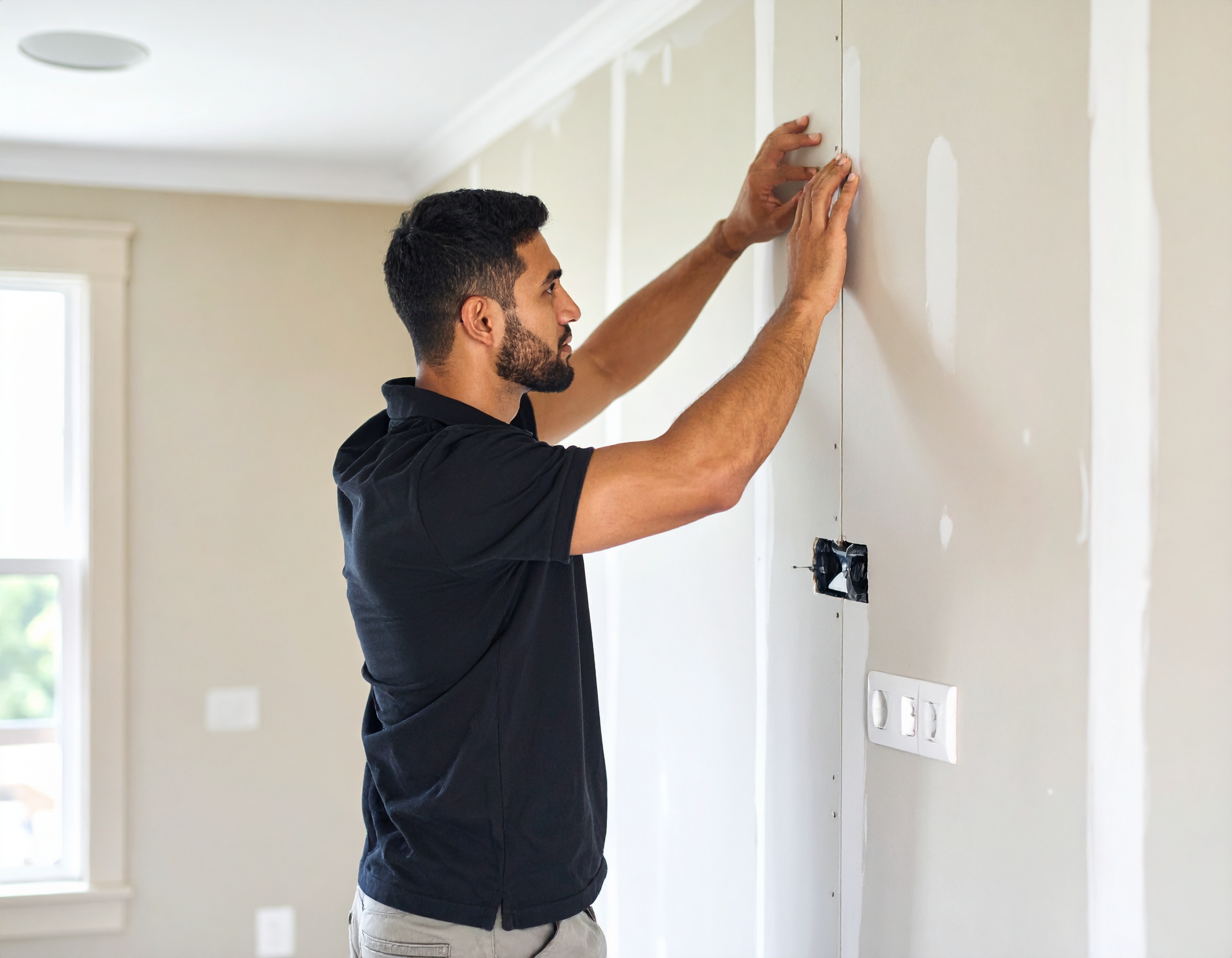 Firefly_Now create a similar photo of a guy in a black polo fixing a drywall 996311
